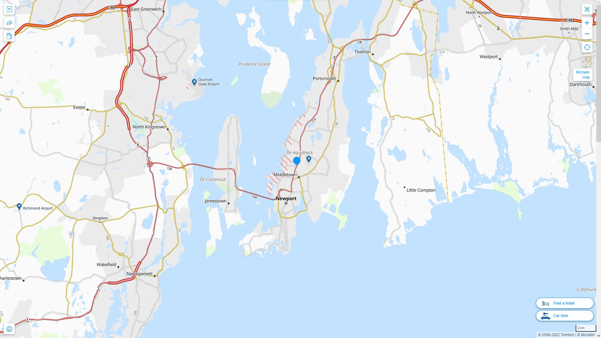 Newport East Rhode Island Highway and Road Map
